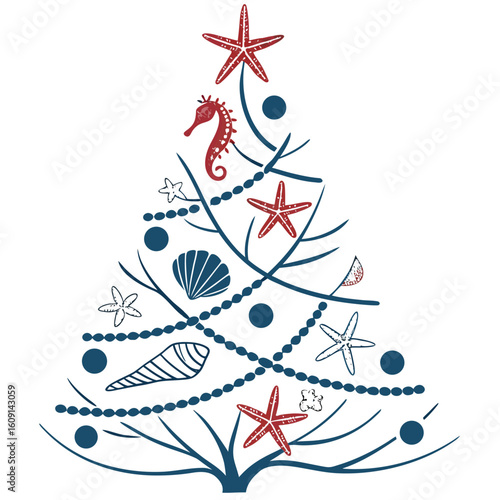 coastal ocean themed christmas tree with seashells, starfish, and beach accents, a unique holiday.