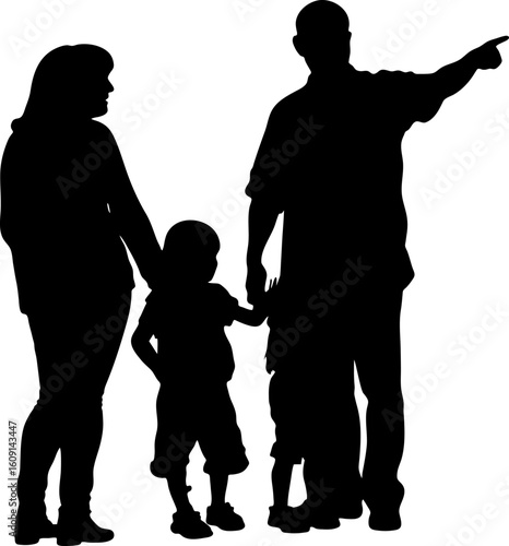 Family silhouette of four looking forward, minimalist unity concept black vector style