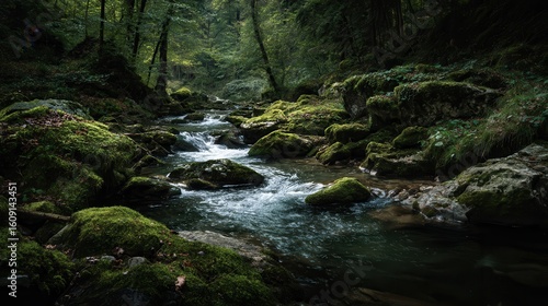 Flowing river in a serene forest surrounded by lush greenery during the early morning light in nature's tranquility