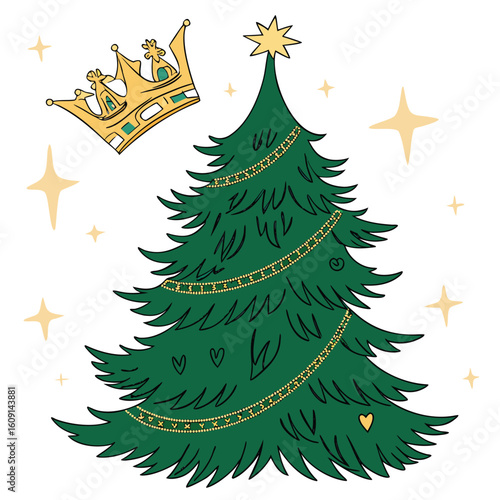 magnificent royal emerald christmas tree with golden crowns, a truly luxurious and regal display.