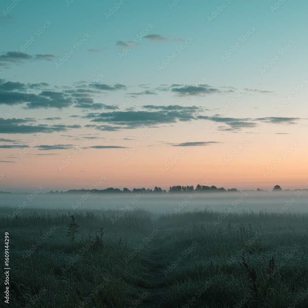 Fototapeta premium Mist-covered meadow at dawn with distant treeline