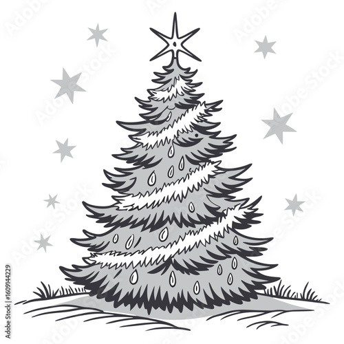 dynamic silver tinsel explosion christmas tree with stars, a vibrant and energetic holiday display.