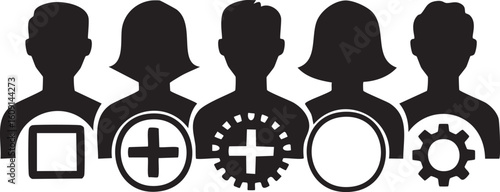 Vector Silhouetted Team Members with User Interface Icons Representing Management and Collaboration