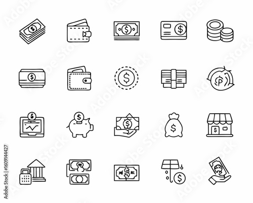 Collection of financial and money related line art icons