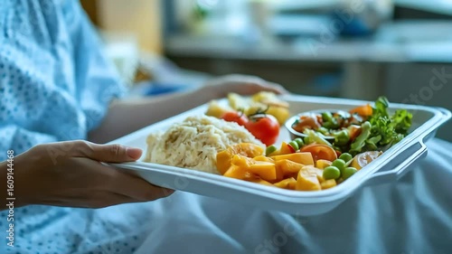 Nurse offering patient healthy meal in hospital