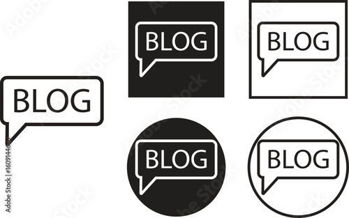 Set of blog icons in line vector styles. Blogging collection, post and article writing group, web content creation, SEO tags, digital media, comment bubble, and publishing tools.