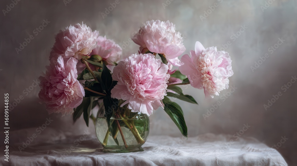 Obraz premium Elegant peonies in a glass vase on a textured tablecloth, showcasing soft pink hues in gentle morning light