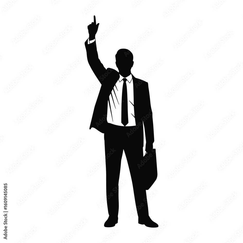 Silhouette of a businessman in a suit raising his finger upwards Silhouette of a businessman in a suit raising his finger upwards