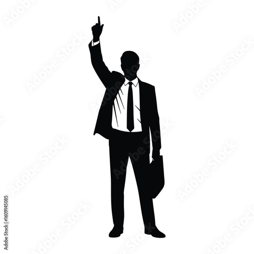 Silhouette of a businessman in a suit raising his finger upwards
