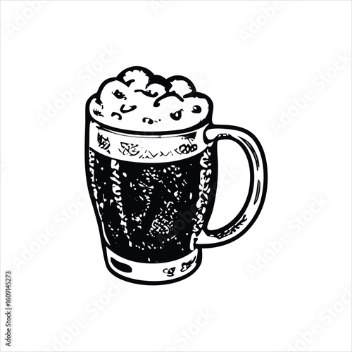 Handdrawn illustration of a frothy mug filled with dark beer, presented in a classic, vintage style on a white background