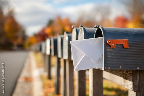 Row of mailboxes with letter in suburban neighborhood