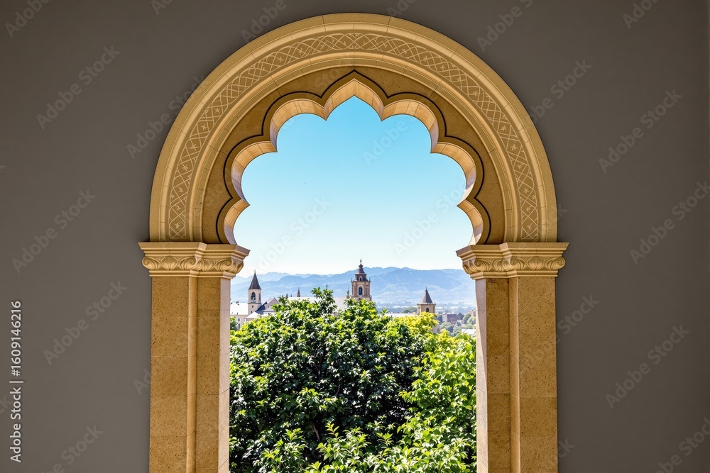 Fototapeta premium Ornate arched window frames a scenic cityscape and distant mountains.