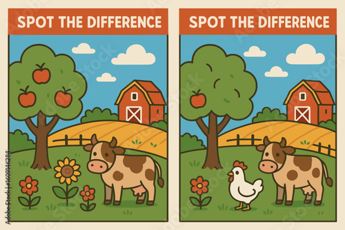 Two cartoon farm scenes with differences, educational game for children  