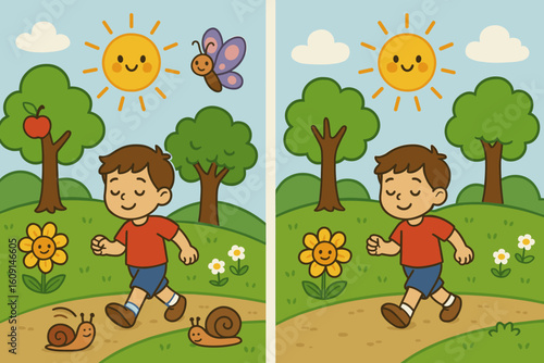 Young boy walking happily in a sunny park during a nature game concept of Find differences. Educational game for children. Cartoon vector illustration  