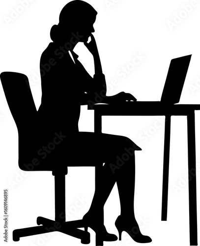 Woman working at desk with laptop, silhouette of professional focus and modern elegance