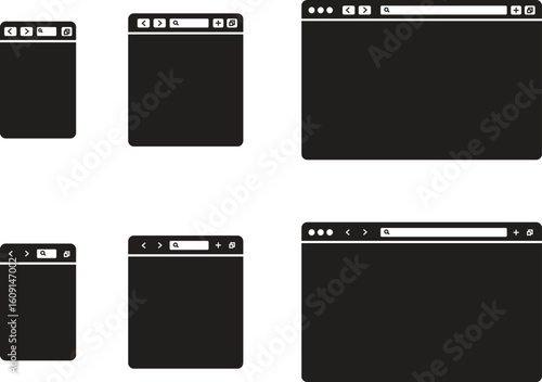 Browser website window icons set for mobile, tablet, and laptop devices. Responsive UI screen group, interface design collection, web page layout set in flat vector illustration styles.