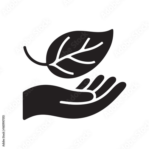 Silhouette icon illustration of a leaf floating above a hand