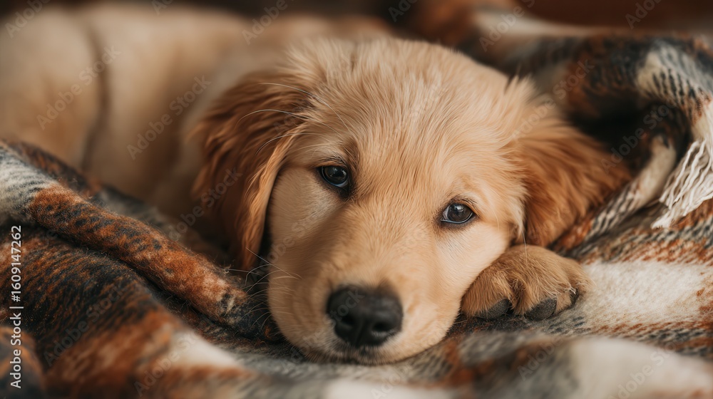 Obraz premium Golden retriever puppy rests comfortably wrapped in a warm blanket indoors during a cozy afternoon