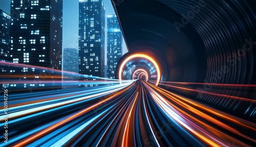 Futuristic high-speed train in mega city at night. Concept of next generation tech with fast network, machine learning. Modern transit system in motion