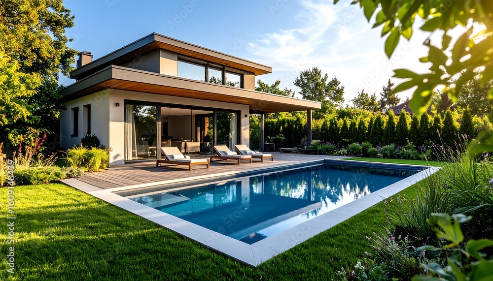 Fototapeta premium Modern home with pool and landscaping