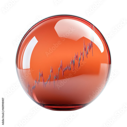 Glossy red glass sphere with blue zigzag line graph inside, abstract 3D financial growth concept illustration for business analytics, market trends and investment reporting isolated on
