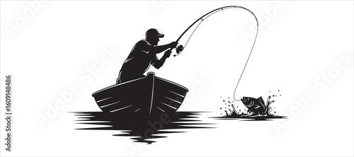 Fishing with a rod. A silhouette of a fisherman holding a spinning rod in a boat at the moment a fish bites, illustrated in vector style.
