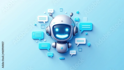 Asistente de chat IA y burbujas de diálogo aisladas sobre fondo azul claro