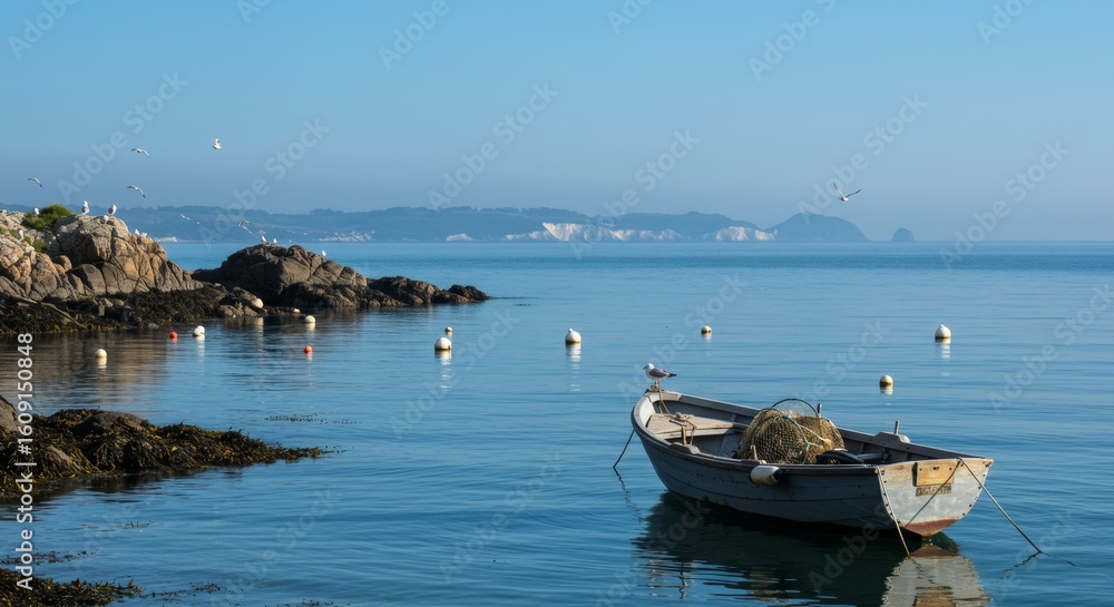 Fototapeta premium Tranquil seascape featuring a weathered boat at anchor with coastal cliffs in the distance.