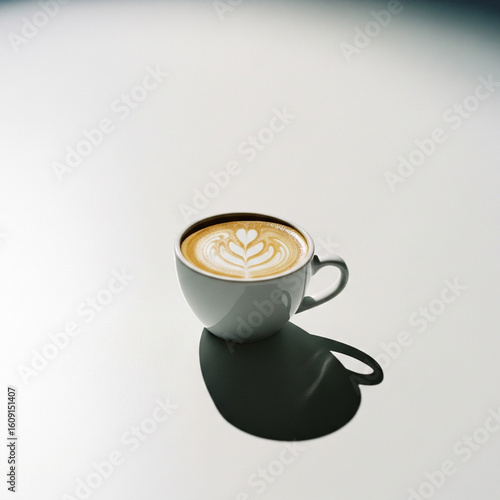 Minimalist studio photograph of a cup of coffee with latte art, isolated on a bright white background with copy space