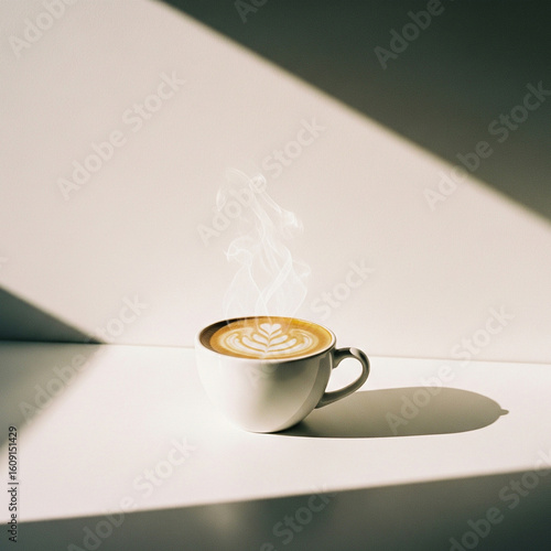Minimalist studio photograph of a cup of coffee with latte art, isolated on a bright white background with copy space