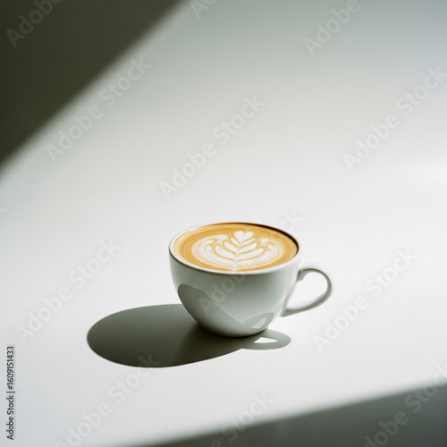 Minimalist studio photograph of a cup of coffee with latte art, isolated on a bright white background with copy space