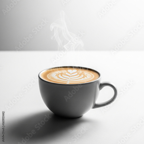 Minimalist studio photograph of a cup of coffee with latte art, isolated on a bright white background with copy space