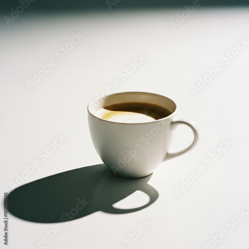 Minimalist studio photograph of a cup of coffee with latte art, isolated on a bright white background with copy space