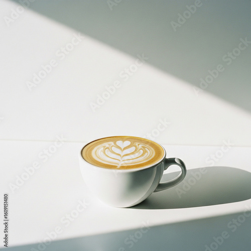 Minimalist studio photograph of a cup of coffee with latte art, isolated on a bright white background with copy space