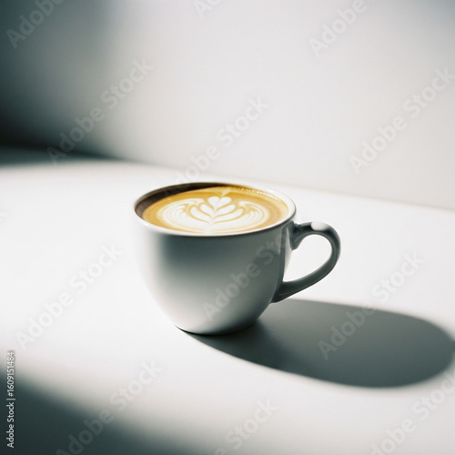 Minimalist studio photograph of a cup of coffee with latte art, isolated on a bright white background with copy space