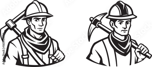 A black and white illustration of a miner, holding a pickaxe over his shoulder.