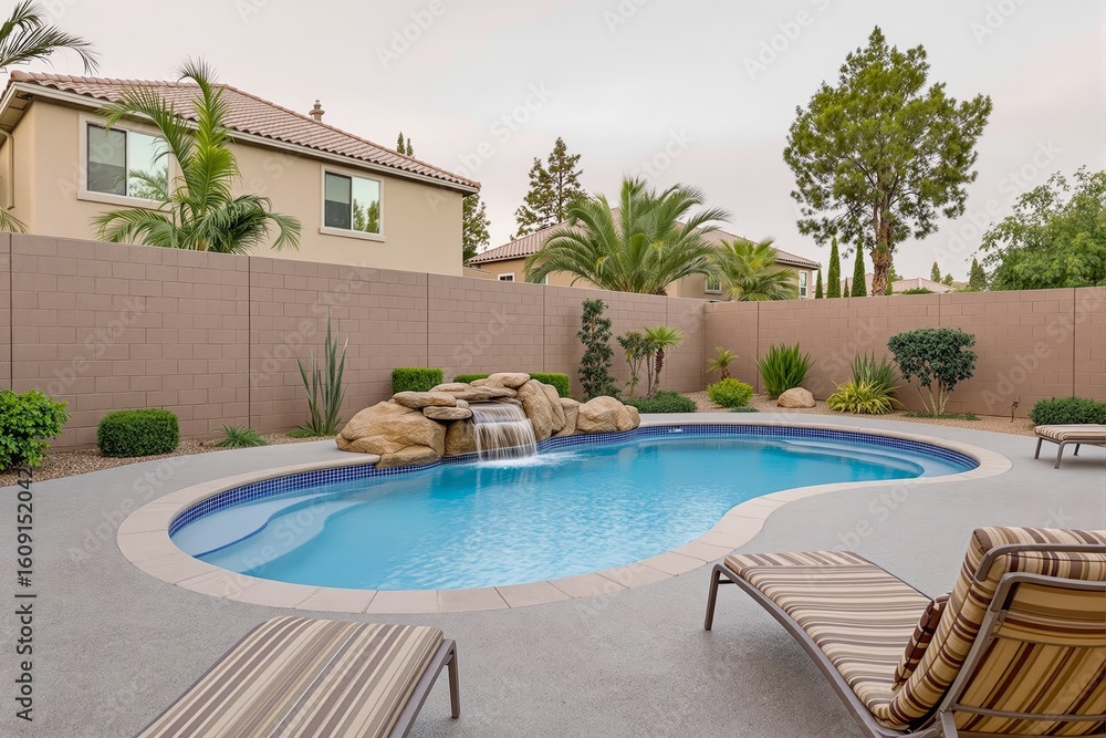 Fototapeta premium Serene backyard pool with waterfall and lounge chairs.