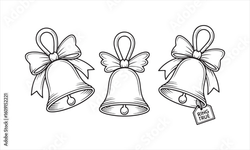 Hand-Drawn Christmas Bells with Bows and Tag