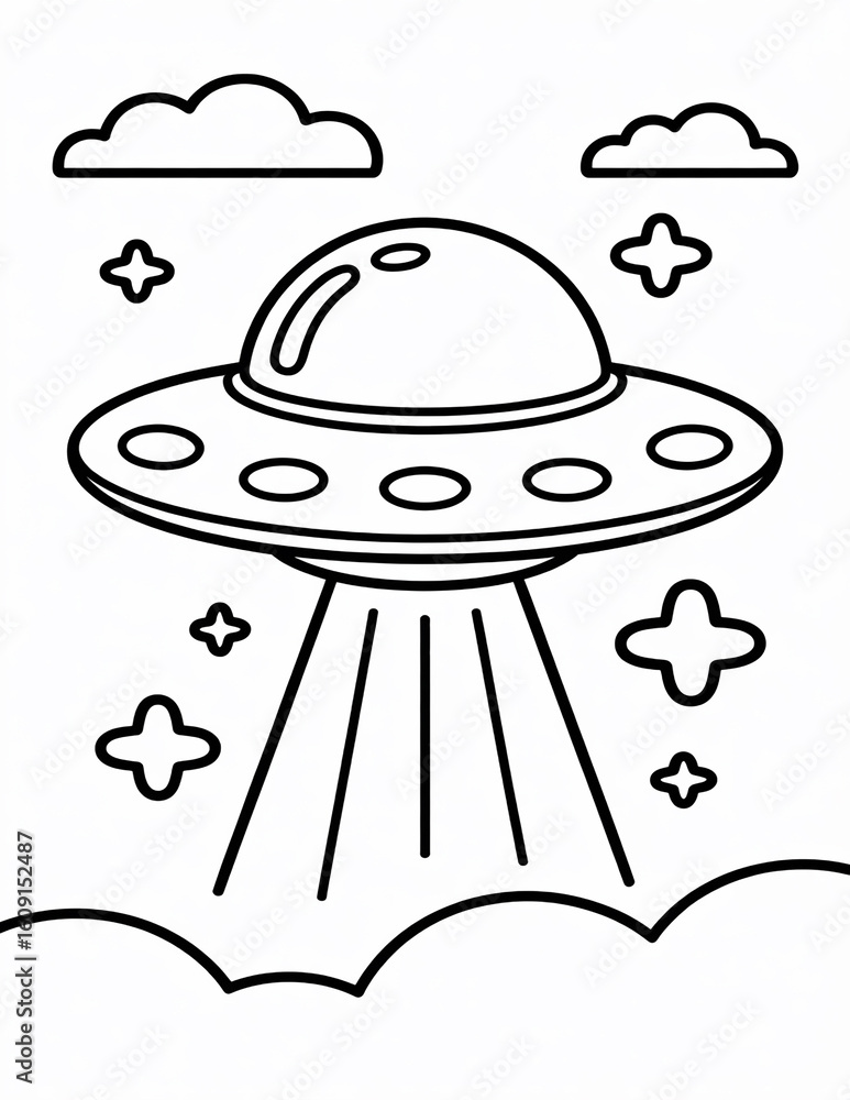 Fototapeta premium A black and white line drawing of a ufo emitting beams of light surrounded by clouds and stars, isolated on white background
