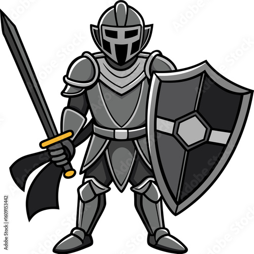 Cute cartoon of a little knight character in full armor.