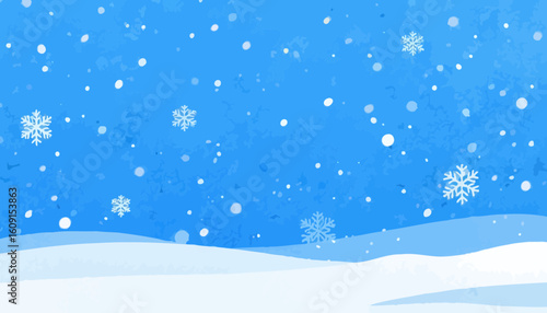 Beautiful illustration of a winter landscape with falling snowflakes and snow-covered hills