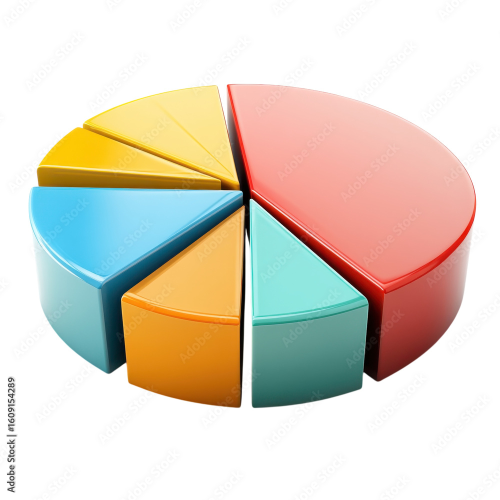 Obraz premium 3D multicolor pie chart with separated segments for business analytics, market share breakdown, financial report infographic, statistics and data visualization concept isolated on Transparent