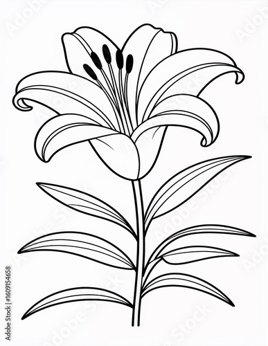A stunning lily flower, isolated on white background, displays its elegant petals and prominent stamen in a bold and graphic line art