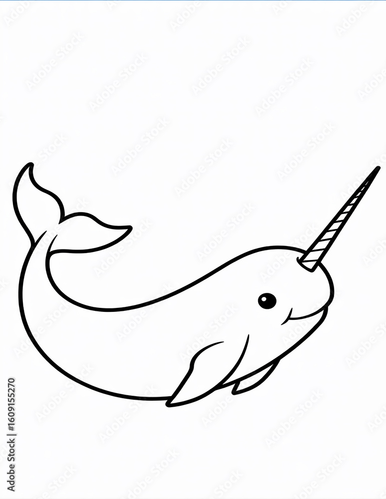 Obraz premium A cheerful narwhal with a prominent horn swims happily, a delightful cartoon illustration of a marine animal isolated on white background