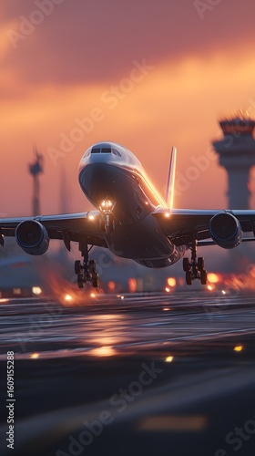 Commercial airplane takeoff at dusk – aircraft departure with control tower background and dramatic lighting
