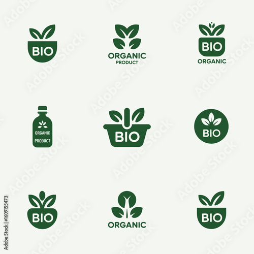 Assortment of Organic and Bio Product Logos on a Clean Background Emphasizing Natural and Sustainable Choices for Health and Wellness