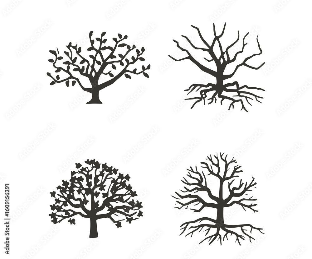 Fototapeta premium A collection of four tree illustrations depicting different stages and styles on a white background