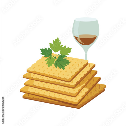 Stack of matzah crackers is topped with fresh parsley, next to a glass of red wine, evoking a sense of religious observance