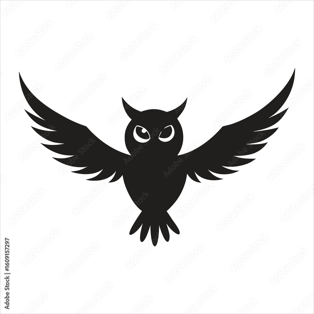 Fototapeta premium Striking black silhouette of an owl with its wings spread wide, captured in midflight against a stark white backdrop