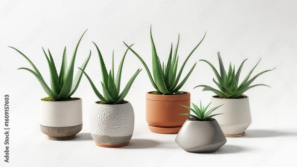 Fototapeta premium Five aloe vera plants in various pots on a white background